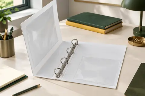 Classeur A4 blanc ouvert avec quatre anneaux en D et pochettes transparentes sur un bureau rangé.