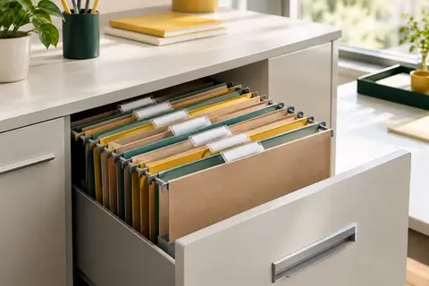 Dossiers suspendus A4 assortis en carton recyclé, avec barres métalliques et porte-étiquettes transparents