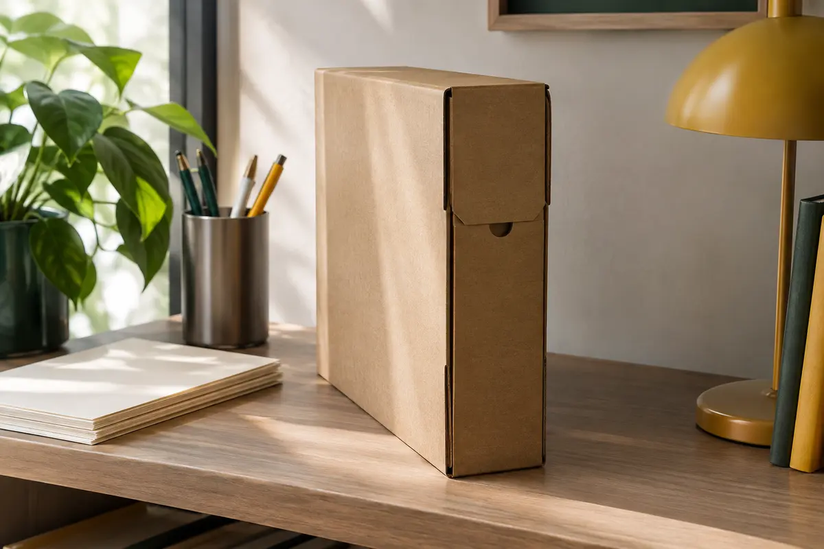 Boîte d’archives Esselte en carton brun naturel, avec rabat, rangée sur une étagère de bureau