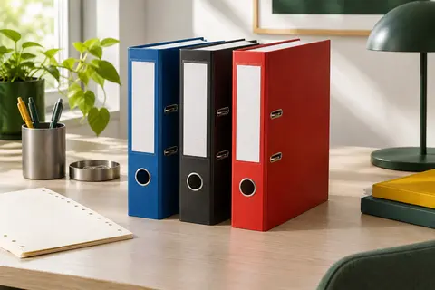 Trois classeurs à levier A4 Esselte bleu, noir et rouge, avec dos large et porte-étiquette.
