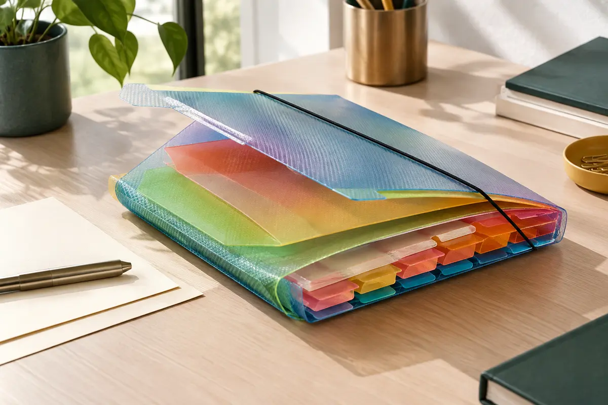 Trieur A4 multicolore à 12 compartiments avec rabats et fermeture élastique, posé sur un bureau rangé.