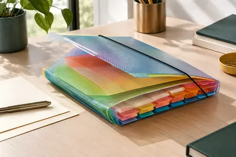 Trieur A4 multicolore à 12 compartiments avec rabats et fermeture élastique, posé sur un bureau rangé.