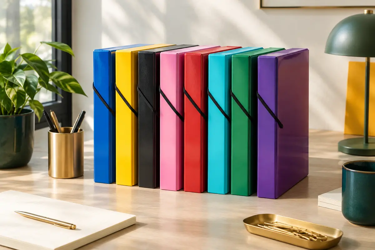 Huit boîtes de classement A4 en carte lustrée colorée, fermées par élastique et rangées sur un bureau.