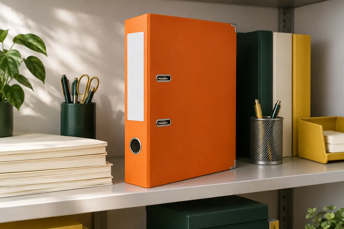 Classeur à levier A4 orange avec œillet et porte-étiquette, rangé debout sur une étagère de bureau