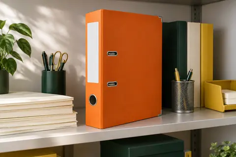 Classeur à levier A4 orange avec œillet et porte-étiquette, rangé debout sur une étagère de bureau