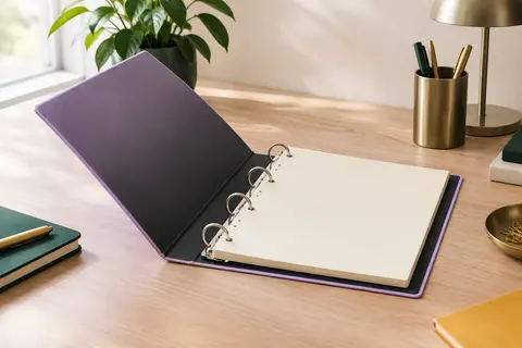 Classeur A4 rigide mauve ouvert, montrant son intérieur noir et ses quatre anneaux en D sur un bureau rangé