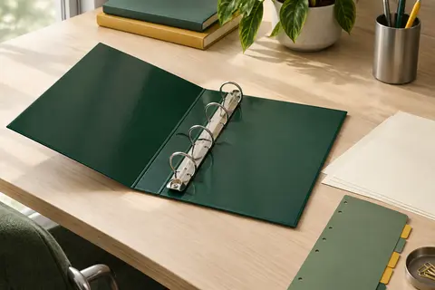 Classeur A4 rigide vert foncé ouvert, avec quatre anneaux ronds et des feuilles ivoire sur un bureau rangé.