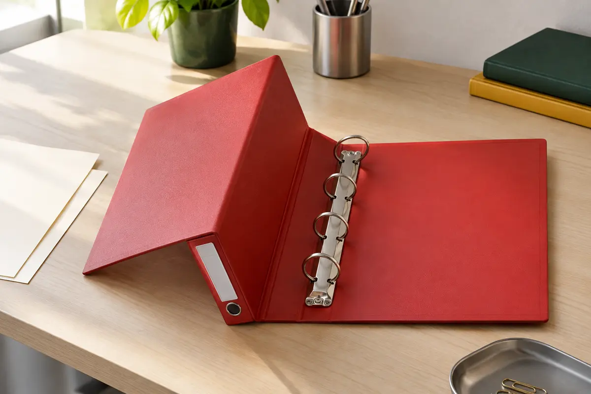 Classeur rigide rouge à quatre anneaux posé sur un bureau clair, avec son étiquette de dos visible.