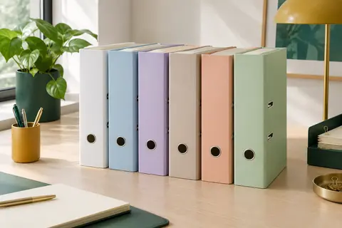 Classeurs à levier A4 en PVC, rangés debout dans plusieurs teintes pastel assorties.
