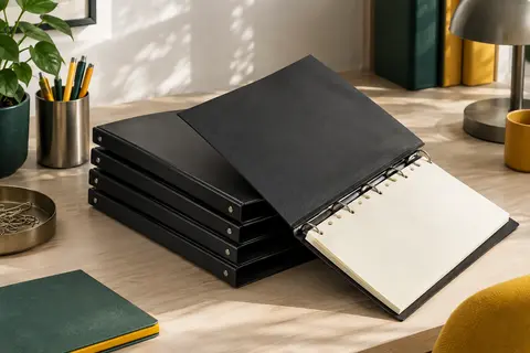 Lot de classeurs souples noirs A4 à quatre anneaux posé sur un bureau rangé avec des feuilles ivoire