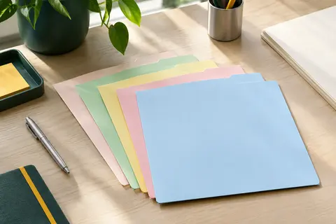 Sous-chemises A4 en carte pastel bleu clair, bulle, jaune, rose et vert clair sur un bureau rangé.