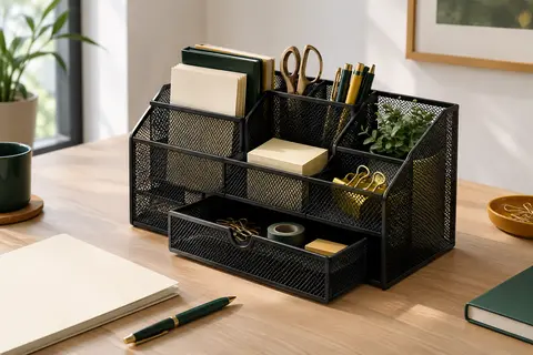 Organiseur de bureau noir en maille métallique, avec sept compartiments et tiroir coulissant, posé sur un bureau rangé.