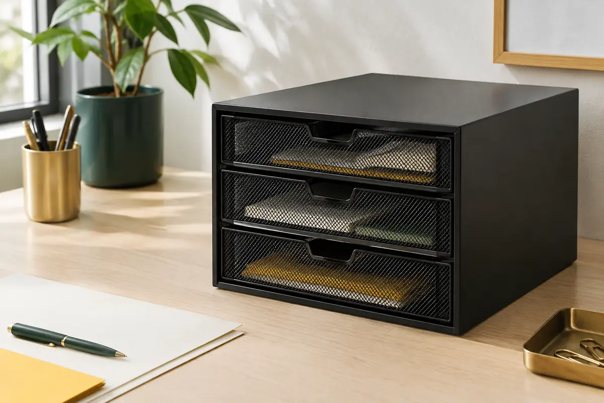 Organiseur de bureau noir à trois tiroirs en maille métallique posé sur un bureau rangé