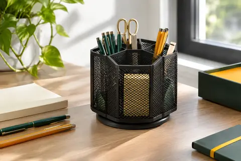Organiseur de bureau noir en métal ajouré, avec cinq compartiments et une base rotative.