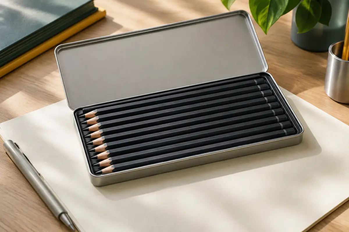 Étui métallique ouvert avec douze crayons graphite noirs de différentes duretés, sur un bureau clair
