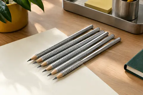 Six crayons graphite argentés à corps triangulaire et prise texturée posés sur un bureau avec du papier ivoire.