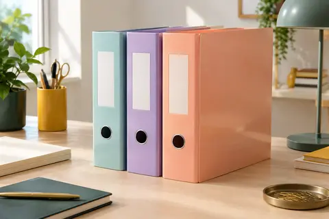 Trois classeurs Falken A4 pastel en PP, turquoise, lilas et saumon, alignés sur un bureau rangé.