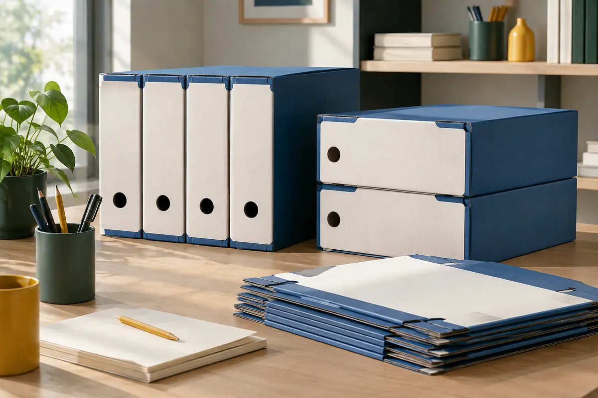 Boîtes d’archives FAST en carton blanc et bleu, empilées et alignées sur un bureau rangé.