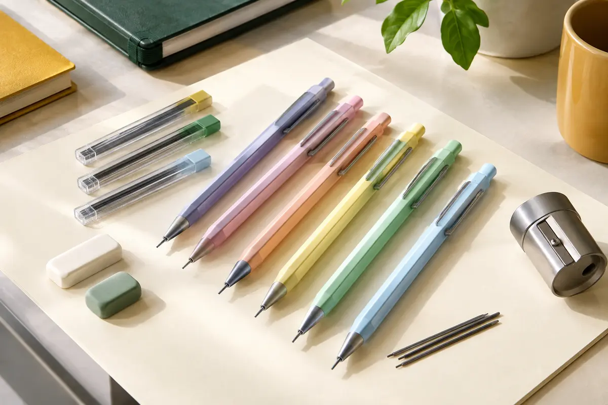 Six porte-mines pastel triangulaires et leurs accessoires disposés sur un bureau clair