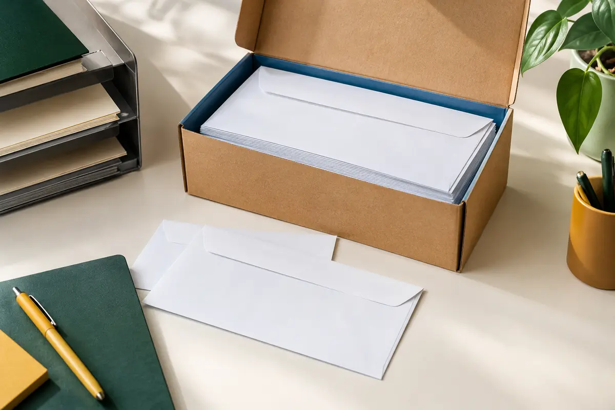 Pile d’enveloppes GPV blanches au format DL, sans fenêtre, avec rabats adhésifs et fond bleu