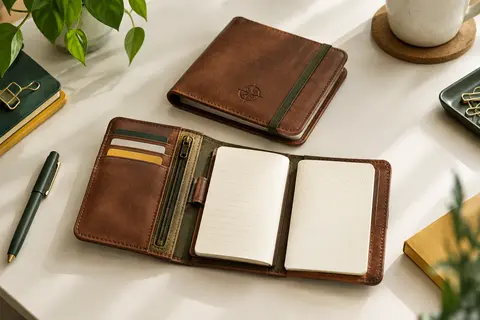 Carnet de voyage compact en simili cuir avec deux carnets, des rangements pour cartes et une pochette zippée