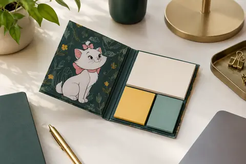Livret de notes adhésives Marie des Aristochats ouvert sur un bureau avec son bloc-notes et ses feuillets