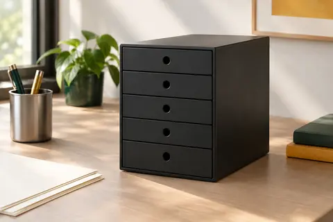 Module de rangement de bureau noir HAN à cinq tiroirs fermés posé sur un bureau clair et ordonné.