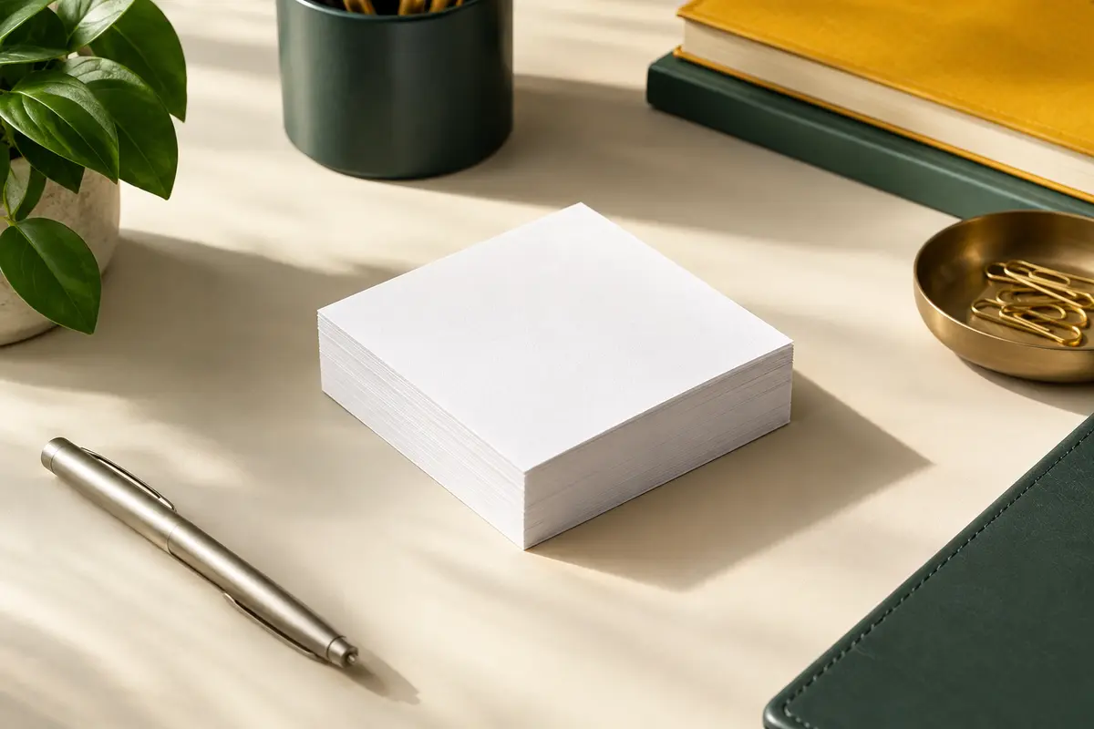 Pile de feuilles blanches carrées de 9 x 9 cm pour recharge de bloc mémo, posée sur un bureau rangé.