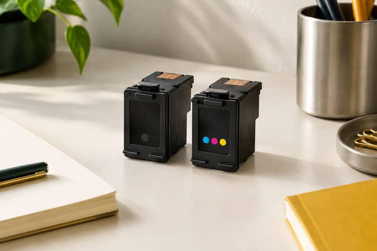 Deux cartouches d’encre HP 305, une noire et une tricolore, posées sur un bureau clair.