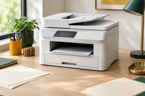 Imprimante multifonction blanche avec chargeur automatique, posée sur un bureau clair avec du papier ivoire.