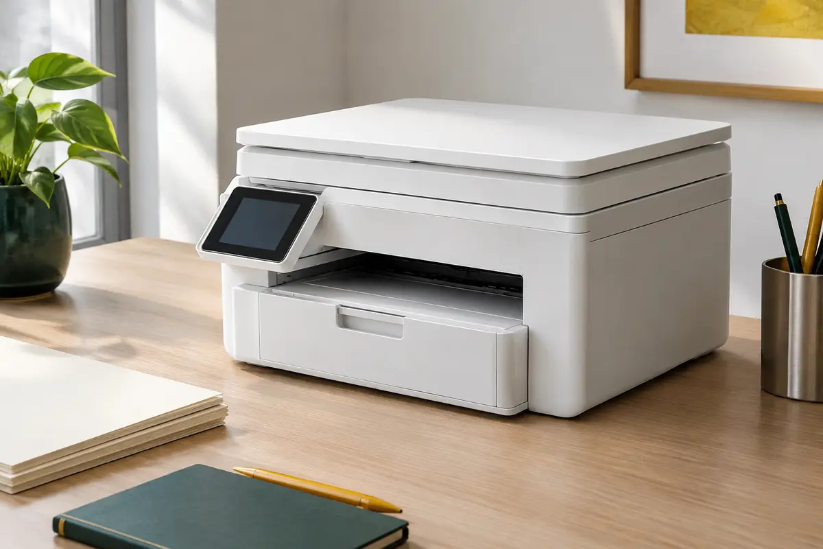 Imprimante multifonction blanche avec scanner à plat, installée sur un bureau clair avec du papier ivoire.