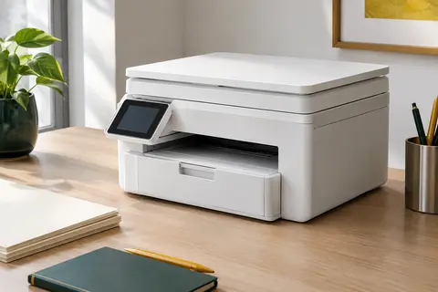 Imprimante multifonction blanche avec scanner à plat, installée sur un bureau clair avec du papier ivoire.