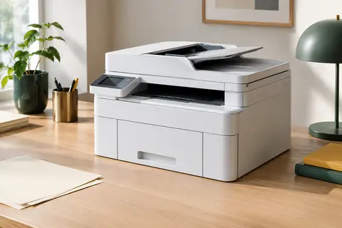 Imprimante multifonction laser blanche avec chargeur de documents, posée sur un bureau lumineux et rangé.