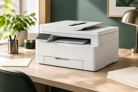 Imprimante multifonction laser blanche sur un bureau rangé, près de feuilles ivoire et d’accessoires