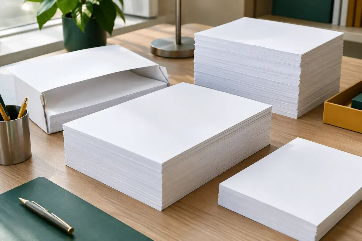 Piles de papier blanc A4 sur un bureau rangé, avec des accessoires discrets en métal mat.