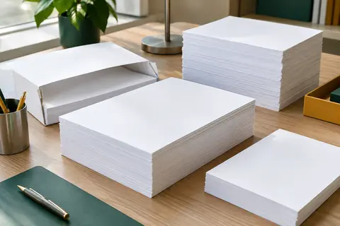 Piles de papier blanc A4 sur un bureau rangé, avec des accessoires discrets en métal mat.