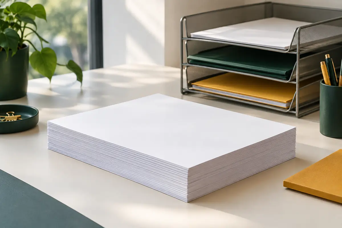 Pile de feuilles blanches A4 épaisses et lisses posée sur un bureau contemporain avec des accessoires sobres.