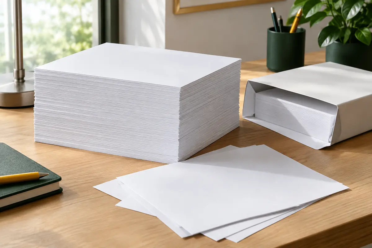 Feuilles blanches A4 mates empilées sur un bureau rangé, avec quelques feuilles sorties de la pile.