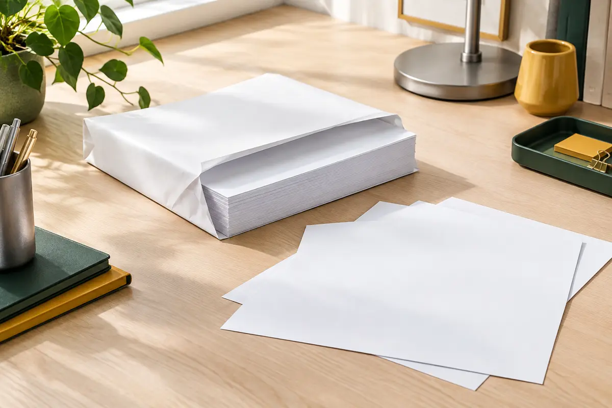 Ramette de papier blanc A4 lisse et feuilles libres posées sur un bureau rangé aux touches vertes et jaunes.