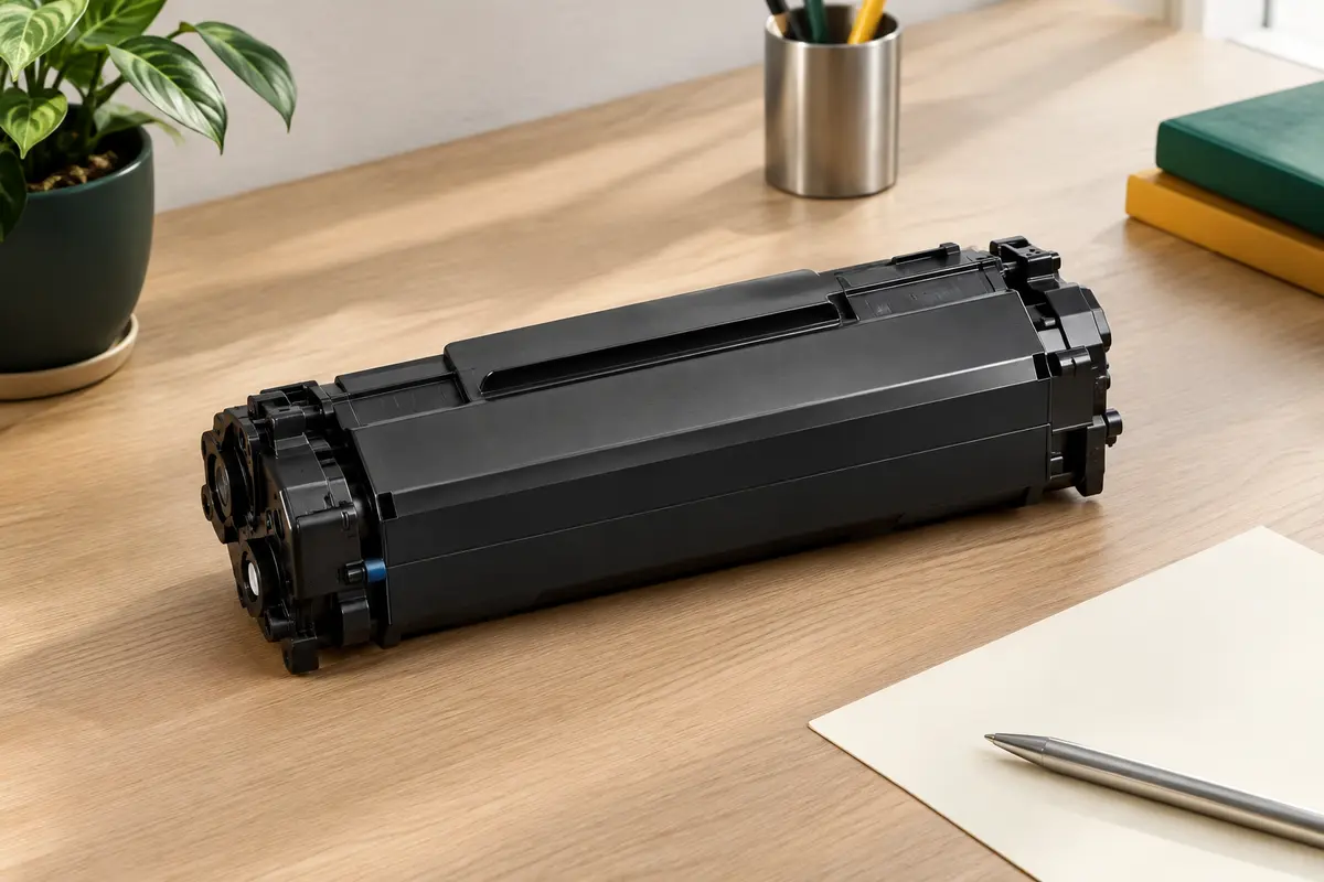 Cartouche de toner laser noire posée sur un bureau rangé avec papier ivoire et accessoires sobres.