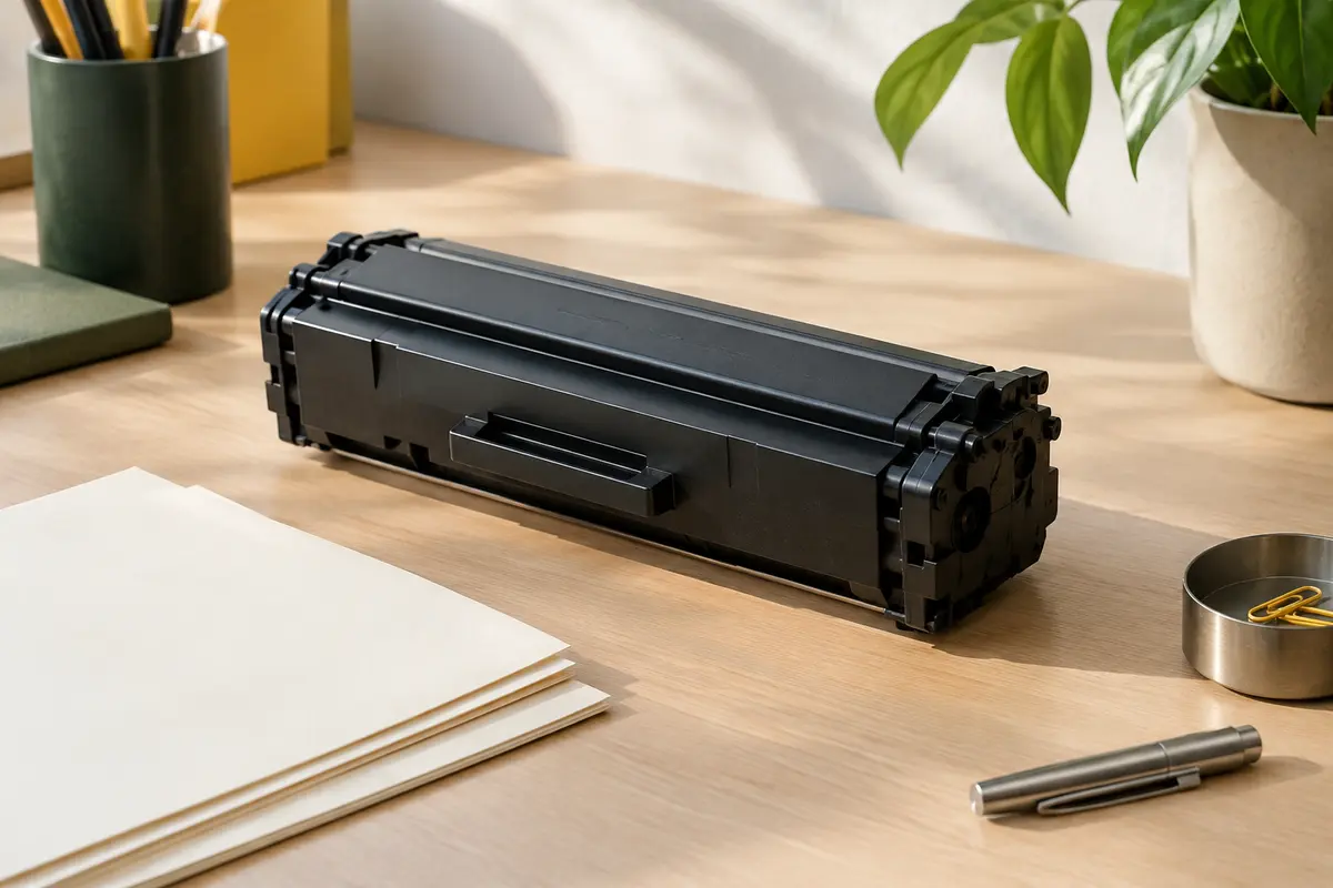 Cartouche de toner laser noire posée sur un bureau rangé près de feuilles ivoire et d’un accessoire en métal mat.