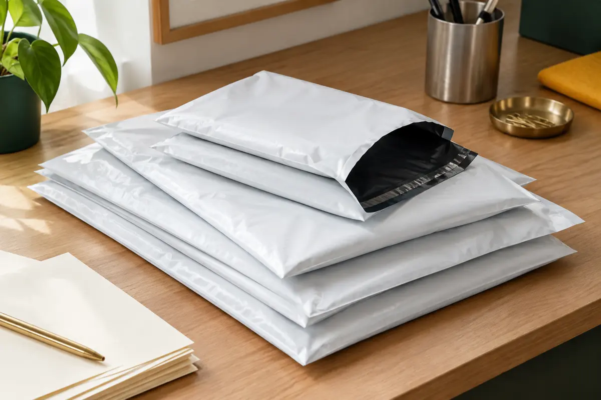 Pochettes d’expédition blanches en plastique PE de plusieurs formats, avec intérieur noir, posées sur un bureau rangé.