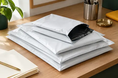 Pochettes d’expédition blanches en plastique PE de plusieurs formats, avec intérieur noir, posées sur un bureau rangé.