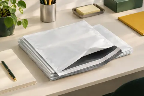 Lot de pochettes d’expédition blanches en PE, empilées sur un bureau avec un rabat adhésif visible.