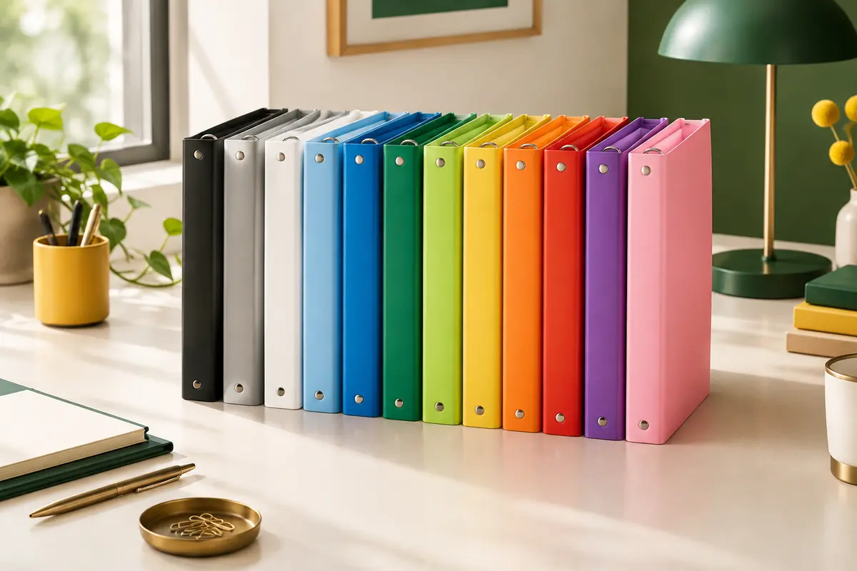 Lot de douze classeurs à anneaux A4 colorés, présenté sur un bureau soigneusement rangé.
