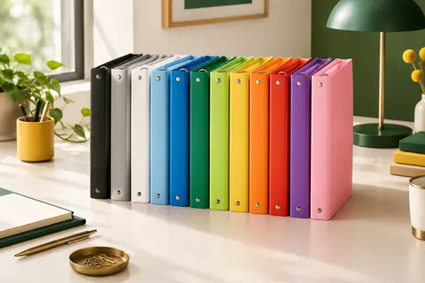 Lot de douze classeurs à anneaux A4 colorés, présenté sur un bureau soigneusement rangé.