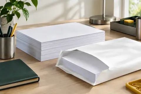 Feuilles de papier blanc A4 en piles ordonnées sur un bureau lumineux aux accessoires sobres