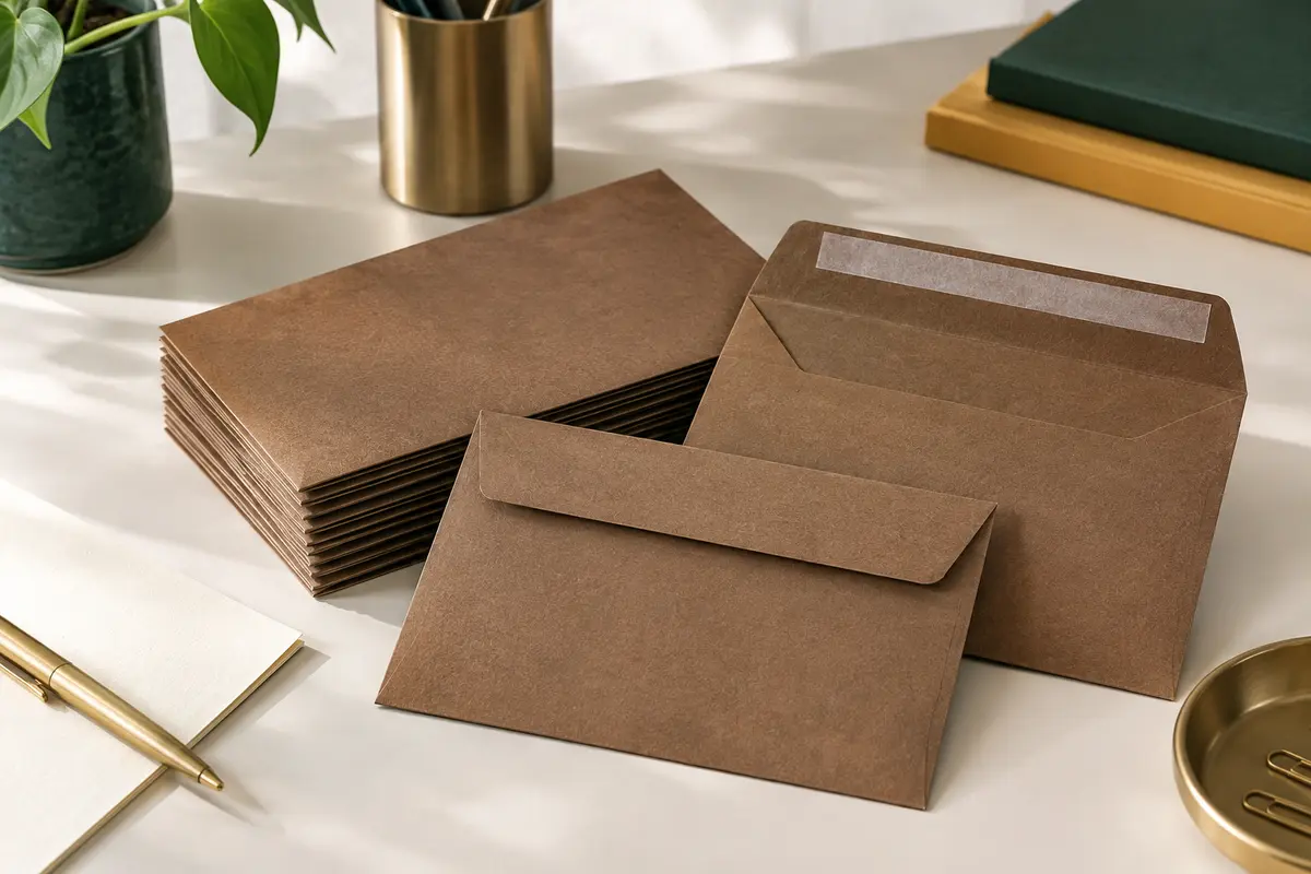 Lot d’enveloppes B6 en papier kraft brun, sans fenêtre, présenté sur un bureau lumineux.