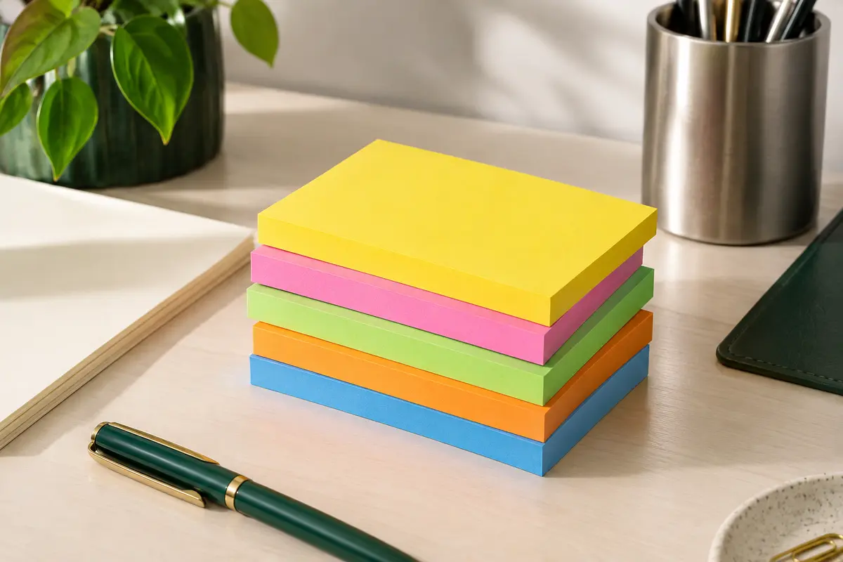 Blocs de notes adhésives rectangulaires aux couleurs vives, empilés sur un bureau clair et bien rangé.
