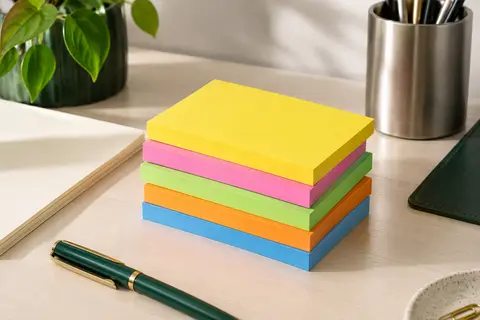 Blocs de notes adhésives rectangulaires aux couleurs vives, empilés sur un bureau clair et bien rangé.